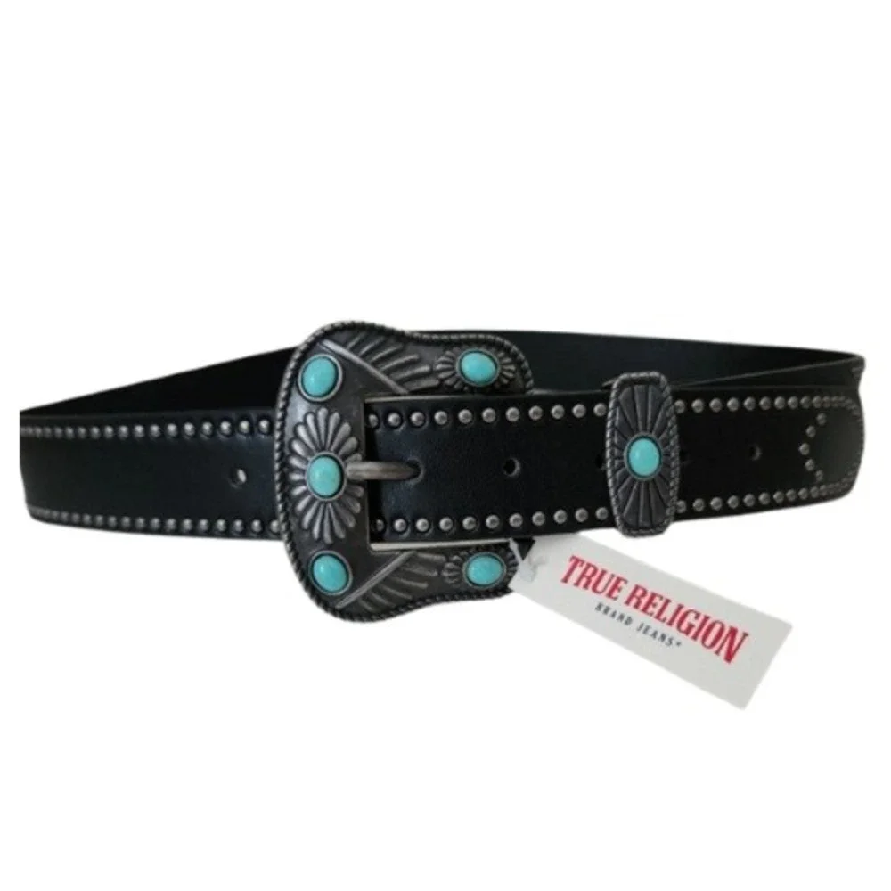 TRUE RELIGION Womens Stone Embellished Southwestern Faux Leather Black Belt M/L